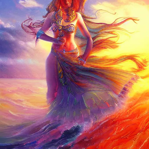 Image similar to warrior sea goddess full frame, beautiful composition, wide angle, colorful, cinematic, volumetric lighting, intricate details painting