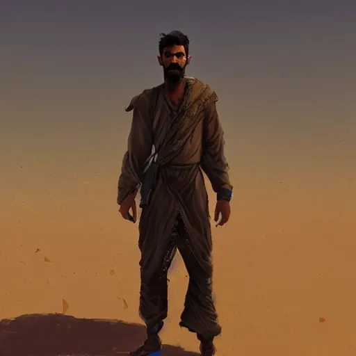 Image similar to saudi arab man standing in the dessert digital art in the style of greg rutkowski and craig mullins, 4 k