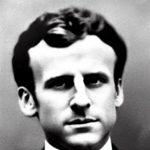 Prompt: photograph of emmanuel macron by edwardian, male, 1 9 0 0 s, 1 9 1 0 s, grainy, slightly blurry, faded, realistic face