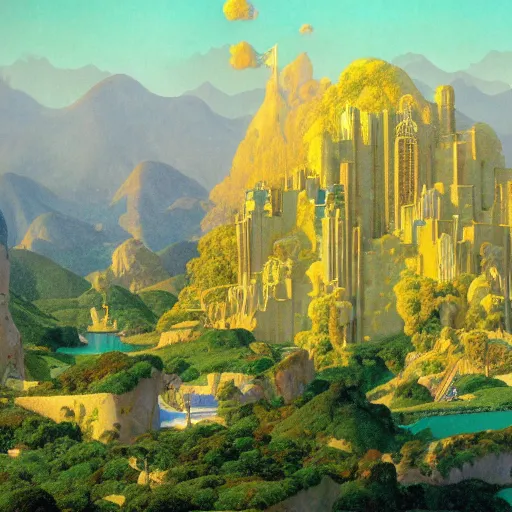 Prompt: !dream a landscape of a big and structured fantasy kingdom city by Maxfield Parrish, digital art 8k, trending on artstation