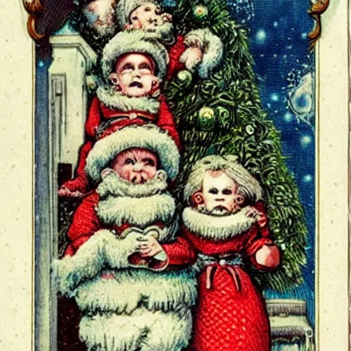 Image similar to a breathtakingly weird bizarre victorian christmas card