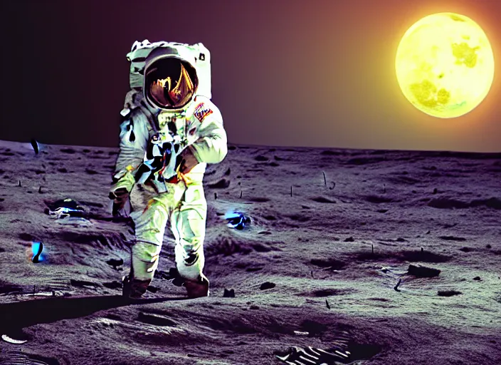 Image similar to digital art, trending on artstation, a man in an astronaut suit sitting on the moon while planet earth is exploding in the background, lunar landscape, moody