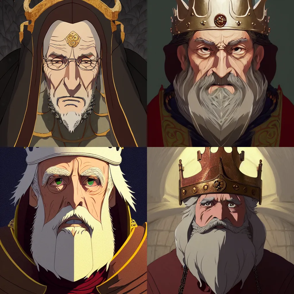 Prompt: portrait of a medieval old king, artstation, cartoon, elegant, highly detailed, digital painting, concept art, smooth, sharp focus, illustration, art by studio ghibli, makoto shinkai, don bluth, fujita goro, jean giraud, atey ghailan, akihiko yoshida, tom whalen 8 k