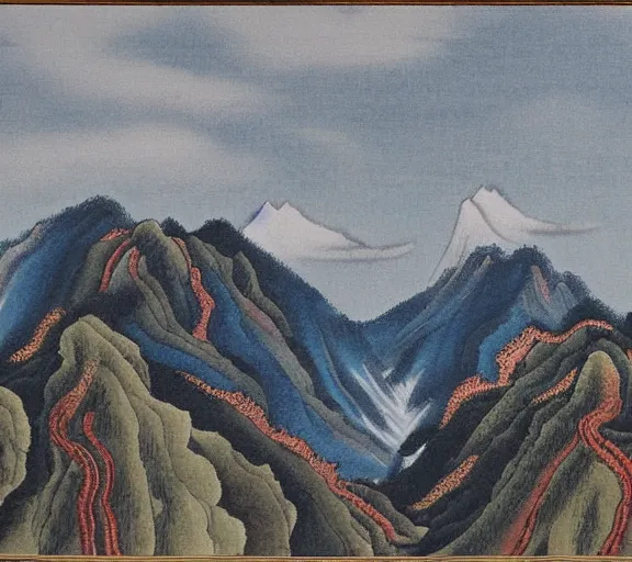 Image similar to painting of mountains by li zhaodao, guan tong