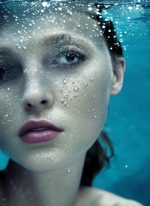 Prompt: close - up portrait of beautiful young woman underwater, art by mario testino, peter lindbergh