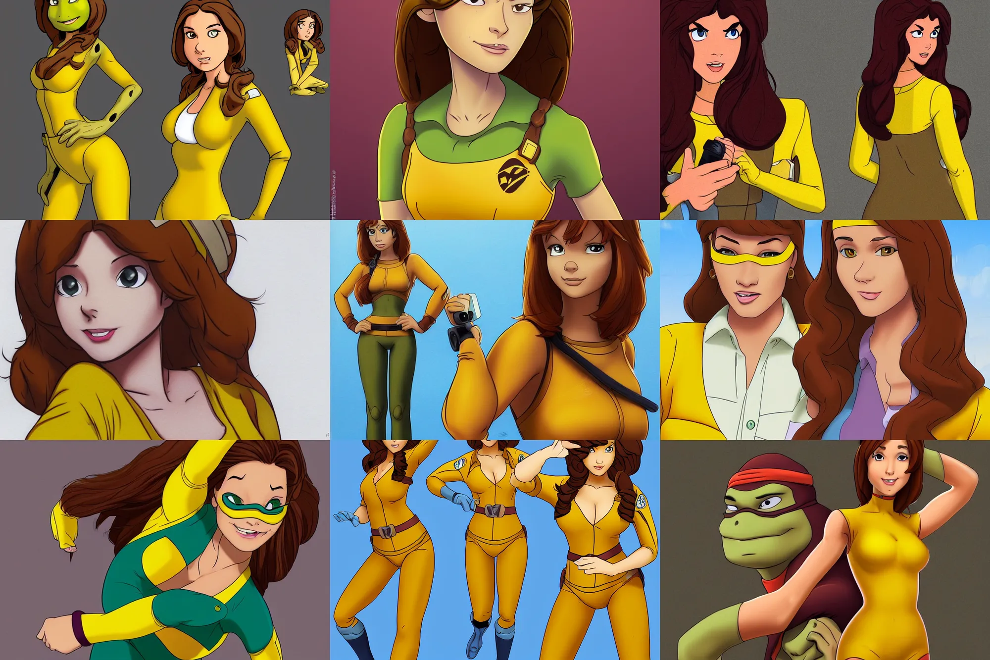 Prompt: beautiful brown hair female reporter in a yellow jumpsuit character april o ’ neil from animated series tmnt 1 9 8 7, hyperrealism, full body photogenic shot, by in the style of animated series teenage mutant ninja turtles 1 9 8 7, cute - fine - face, pretty face, realistic shaded perfect face, fine details by boris valejo, trending on art station