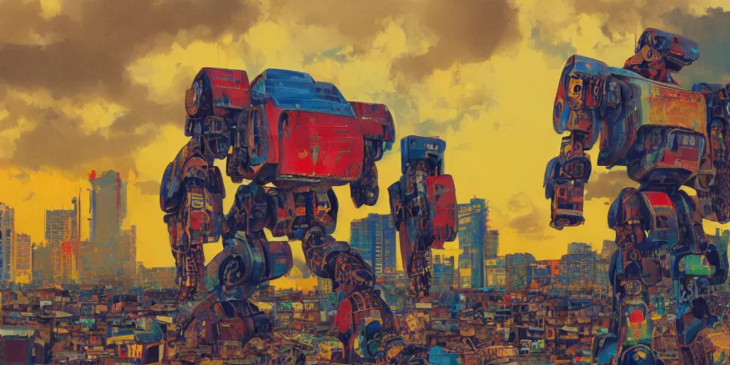 Image similar to colourful - damaged - giant mecha ROBOT of AJEGUNLE SLUMS in Lagos, markings on robot, Golden Hour, painting by Hsiao-Ron Cheng,