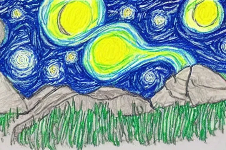 Prompt: starry night drawn by a five - year old with crayons