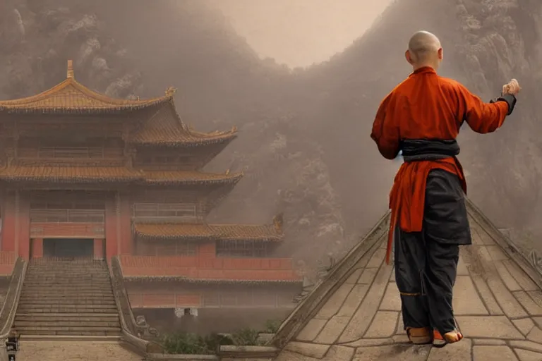 Image similar to A monkey!!! dressed as a shaolin monk, standing in front of an ancient chinese palace, cinematic lighting, artstation, greg rutkowski