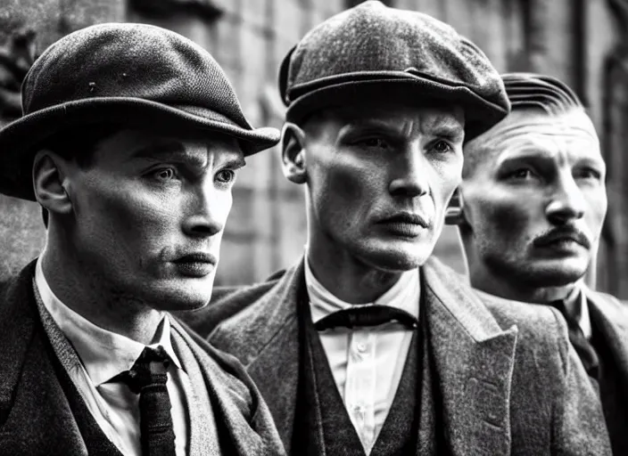 Prompt: an action scene from peaky blinders, medium long shot, 3 / 4 shot, full body picture of cillian murphy and tom hardy, sharp eyes, serious expressions, detailed and symmetric faces, black and white, epic photo by talented photographer ansel adams,