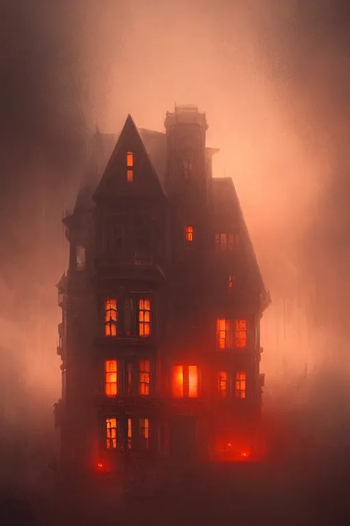 Prompt: A Victorian House of The Void with glowing orange eyeballs staring out from the windows, Red and Orange colored, Lovecraftian, 4k, masterpiece, cinematic, by Greg Rutkowski, Trending on Artstation, Behance. Polished, Volumetric Lighting