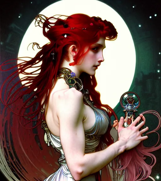 Prompt: photographic realistic detailed profile portrait of a young beautiful baroque cyberpunk woman with long red hair wearing a silver dress dancing in the moonlight by alphonse mucha, ayami kojima, amano, greg hildebrandt, and mark brooks, female, feminine, neo - gothic, gothic, character concept design