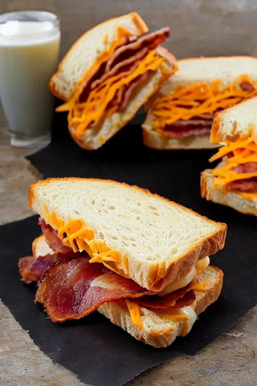 Prompt: a bacon and cheddar sandwich, the size of a builing