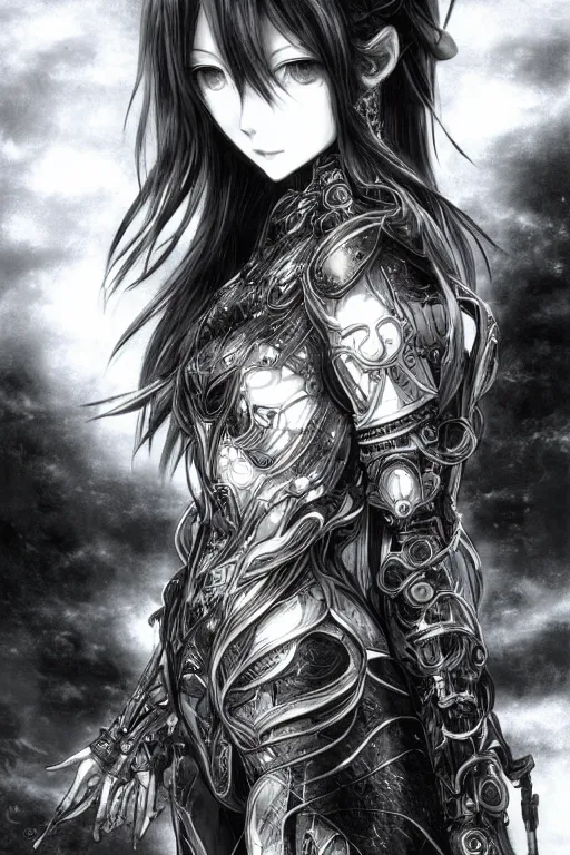 Image similar to a vertical portrait of a character in a scenic environment by Yoshitaka Amano, black and white, dreamy, cybernetic armor, wavy long black hair, highly detailed