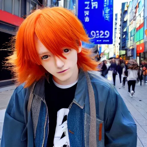 Prompt: orange - haired anime boy, 1 7 - year - old anime boy with wild spiky hair, wearing blue jacket, shibuya street, bright sunshine, strong lighting, strong shadows, vivid hues, sharp details, subsurface scattering, intricate details, hd anime, high - budget anime movie, 2 0 2 1 anime