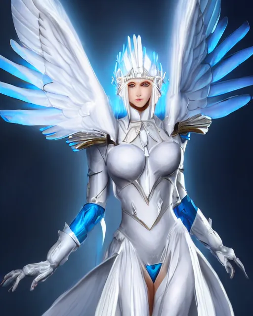 Image similar to perfect white haired attractive egyptian goddess with huge white dove wings, warframe armor, beautiful, symmetric, dreamy, half asian, pretty face, blue eyes, detailed, scifi platform, laboratory, experiment, 4 k, ultra realistic, epic lighting, android body, illuminated, cinematic, masterpiece, art by akihito tsukushi, voidstar