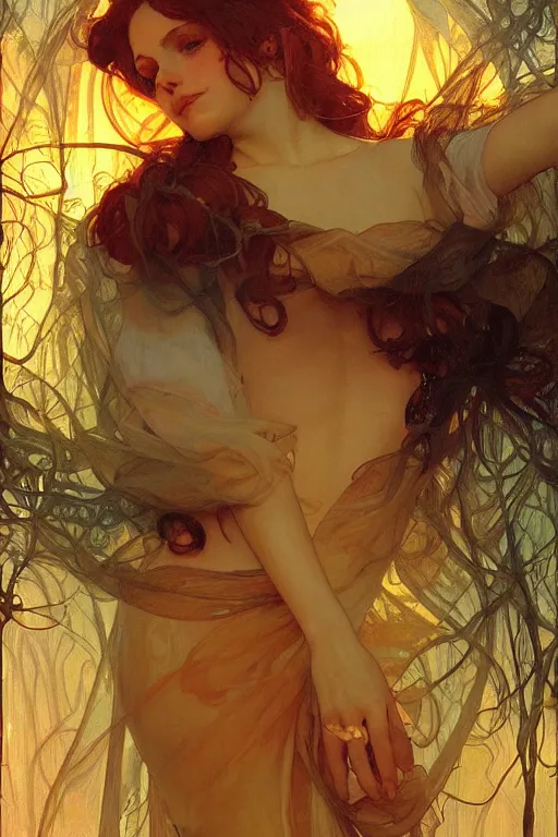 Image similar to glossy liquid honey drops flowing like translucent amber, backlit, sunset, refracted lighting, art by collier, albert aublet, krenz cushart, artem demura, alphonse mucha