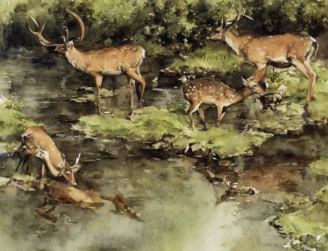 Image similar to watercolor by anders zorn, deer drinking water by pond, realistic nature art