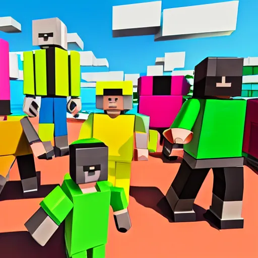 Image similar to block figures looking like roblox figures who are playing with a computer in a block world, having fun in the sun, bright and fun colors