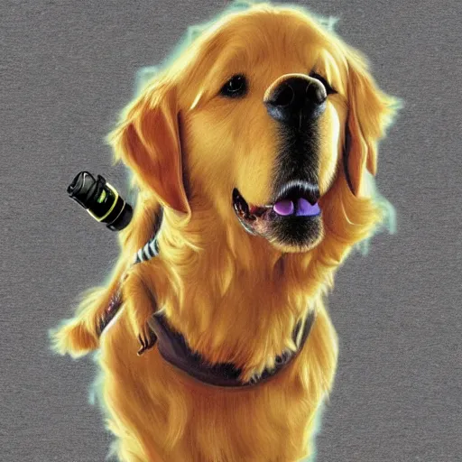 Prompt: a golden retriever who's a ghostbuster, furry fantasy art