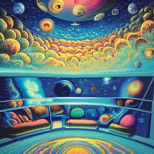 Prompt: psychedelic trippy couch in background in space, planets, milky way, sofa, cartoon by rob gonsalves and salvador dali