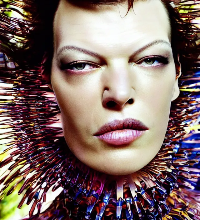 Image similar to photography facial portrait of milla jovovich,, wearing organic futurist clothed designed by iris van herpen, with a subtle colorfull - makeup. sky forest background, natural pose, highly detailed, skin grain detail, photography by paolo roversi, nick knight, helmut newton, avedon, araki