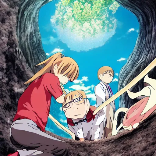 Image similar to falling down a deep hole in the wild, anime