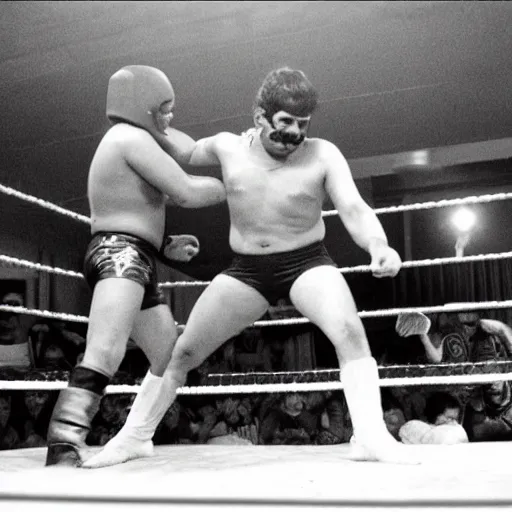 Prompt: george bush fighting sadam hussein in the mexican luchador wrestling ring