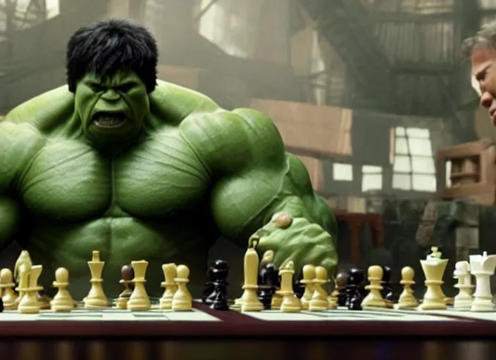 Image similar to film still of hulk playing chess in the new avengers movie, 4 k