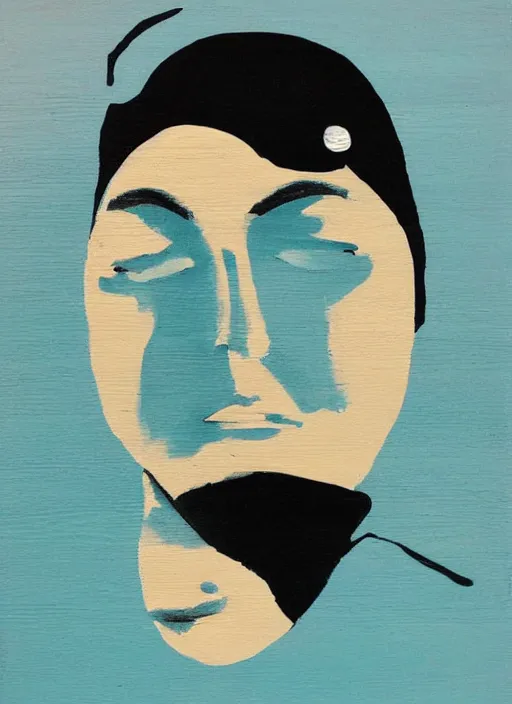 Image similar to acrylic painting on wood of a woman wearing a swimming cap diving from a high diving board into a pool. mid - drive. medium distance. teal, white, black and grayscale. simple. flat. vintage, mid - century modern.