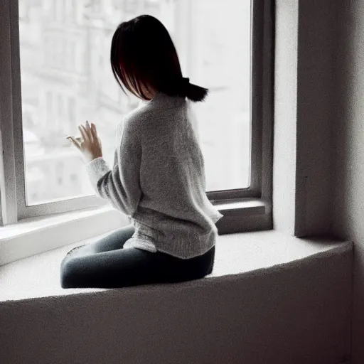 Prompt: a woman sitting on a window sill looking forward out the window, face in hands, grey sweater, a stock photo by chen jiru, tumblr, aestheticism, movie still, pretty, pixiv