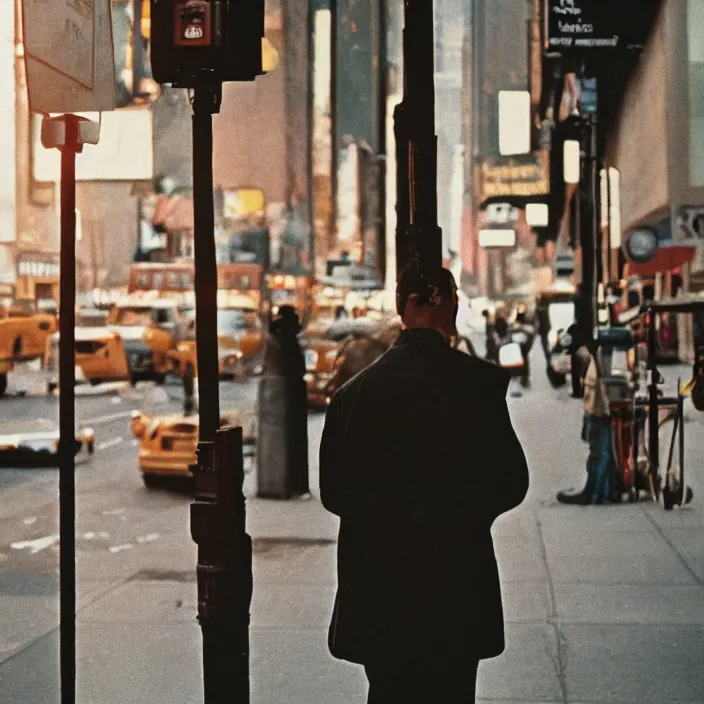 Prompt: medium format film profile portrait of a man in new york by street photographer from the 1 9 6 0 s, hasselblad film man portrait featured on unsplash, dawn light, damaged colour film,