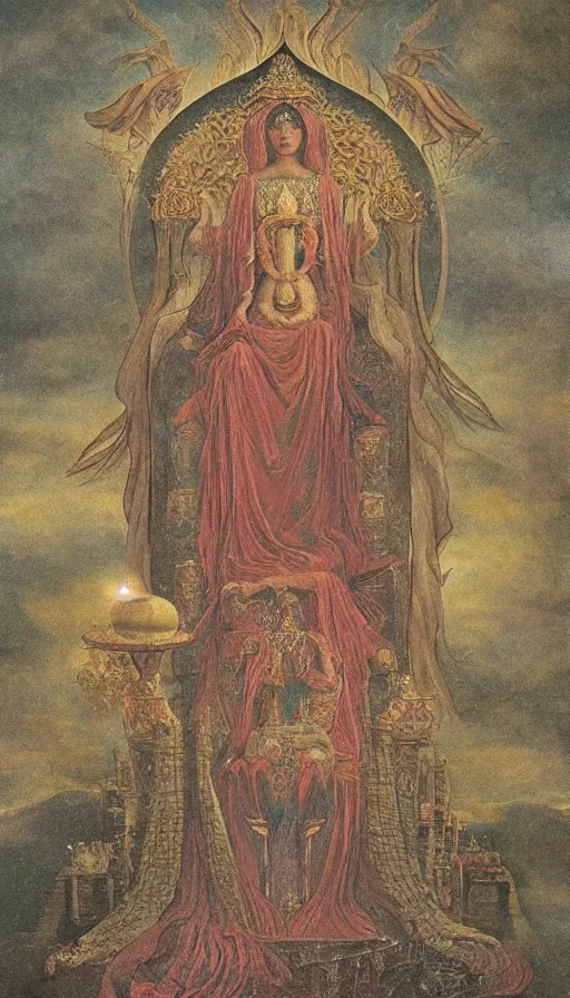 Prompt: the empress, a beautiful woman sitting on a stone throne, fertility, tarot design, ankh symbolism, agostino arrivabene