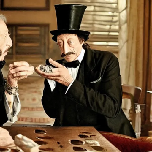 Prompt: jean rochefort and mathieu amalric, symmetric, realistic, realism, early 2 0 th century gentlemen, sitting at coffee table, smoking a cigar. top hat on the table