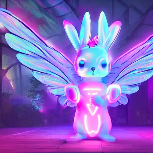Prompt: neon fluorescent, iridescent cute bunny rabbits with fairy wings cyperpunk 2 0 7 7, unreal engine 5, 8 k ultra realistic, hyperdetailed, volumetric lighting, extremely high quality, vector art, illustration by frank frazetta