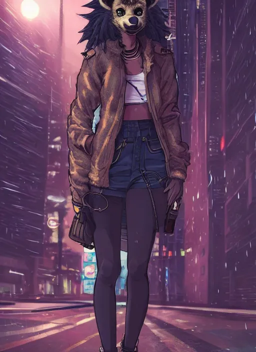 Image similar to character portrait of a female anthro hyena fursona with a cute beautiful attractive furry face and long black curly hair wearing a police bomber jacket in a cyberpunk city at night while it rains. hidari, color page, tankoban, 4K, tone mapping, Akihiko Yoshida.