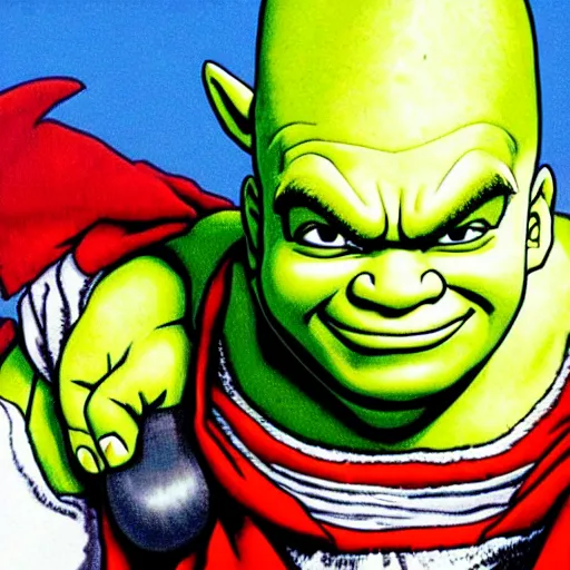 Image similar to portrait of shrek going super saiyan 3, by Akira Toriyama