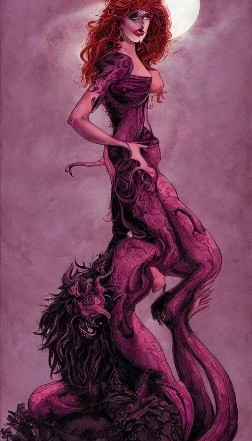 Image similar to portrait of princess of the dreamlands and moon beast, beautiful! coherent! by brom, deep colors, red maroon purple pink black, strong lines, rule of thirds