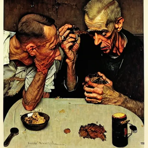 Image similar to a condemned prisoner eating his last meal, somber, dirty, artist norman rockwell and john sargent,