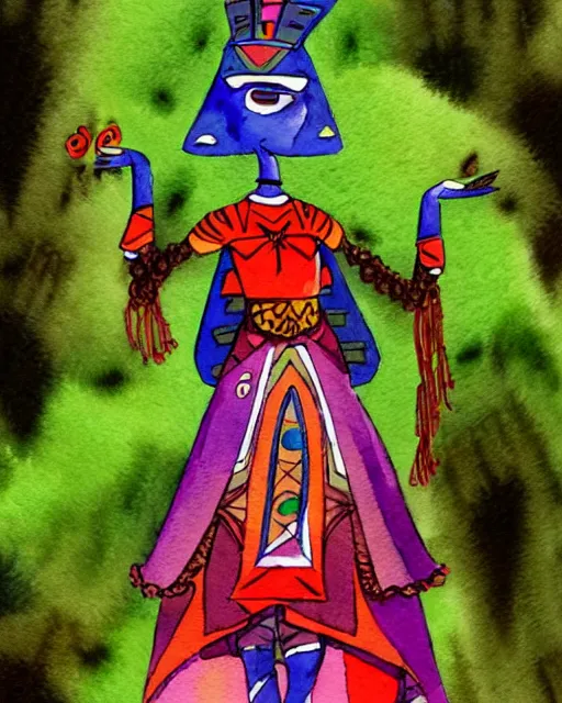 Prompt: aztec scifi pricess of the cloud forest, wearing a lovely dress. this watercolor painting by the award - winning animator has an interesting color scheme and impeccable lighting.