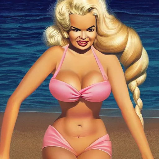 Prompt: a very beautiful Playboy Magazine illustration of Jayne Mansfield, full body, long braided curly blonde hair, twisted braids, golden watery eyes, full round face, short smile, pale pink bikini, serene beach setting, cinematic lightning, medium shot, mid-shot, highly detailed, trending on artstation, Cryengine, Raytracing, 4k, cinematic wallpaper by Stanley Borak, Mort Kunstler, Gil Elvgren, Robert Maguire, Rudolph Belarski, Samson Pollen, Victor Prezio, and Margaret Brundage