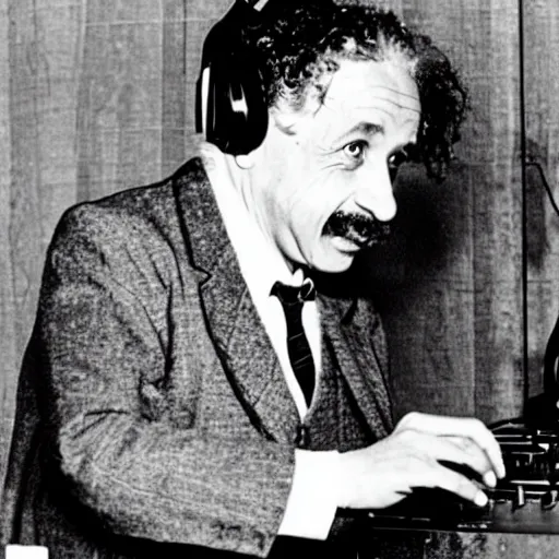 Prompt: photo of albert einstein as a dj behind the dj decks in the club with headphones on and in a cool pose