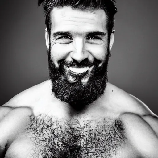 Image similar to Black and white photography of a very muscular man smiling with a chiseled jawline and trimmed beard