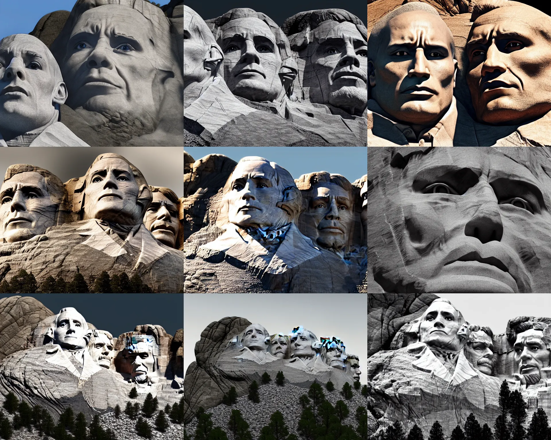 Prompt: dwayne johnson face carved into mount rushmore, award winning photo, unreal engine 5, atmospheric, high detail, 8k