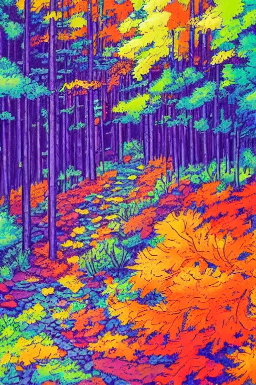 Image similar to a detailed painting in the style of anime of a colorful forest