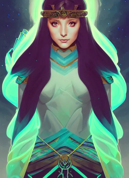 Image similar to style artgerm, joshua middleton, illustration, ariana grande as a high priestess wearing green pelt light armor, anime eyes, blue hair, swirling water cosmos, fantasy, dnd, cinematic lighting