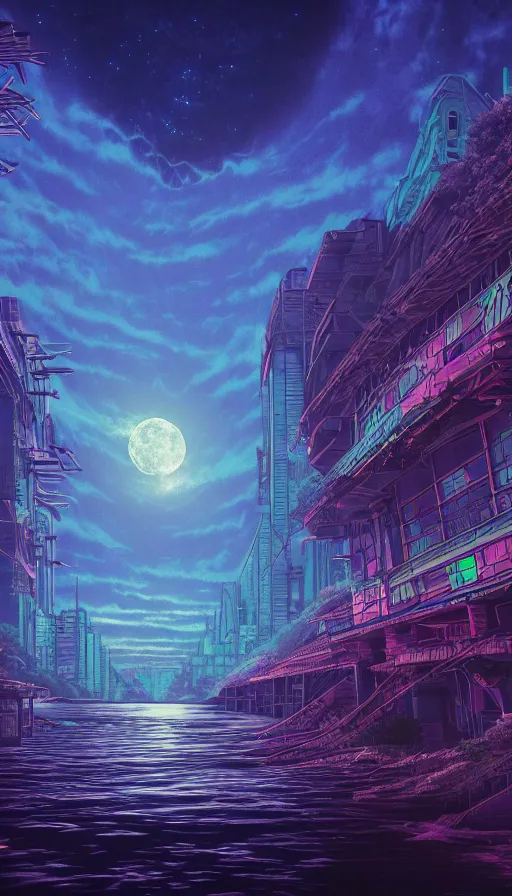 Image similar to reclaimed by nature by moon hoon, darkacademia atlantis cosmic san andreas at dawn neon signs tokyo synthwave universe, archdaily, wallpaper, highly detailed, trending on artstation.