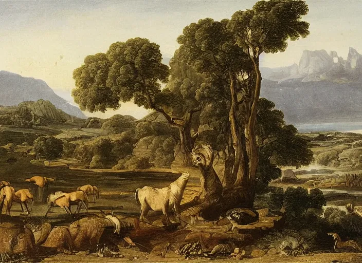 Image similar to highly detailed landscape of the african velt, animals, beautiful, bright atmosphere : claude lorrain