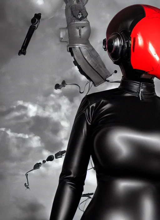 Image similar to Portrait of a female mech pilot in a black latex bodysuit, anime, cel-shaded, highly detailed, monotone, red highlights
