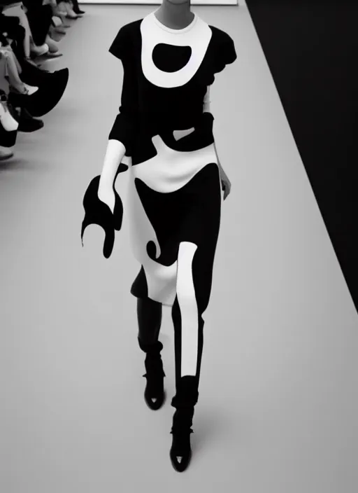 Prompt: still photo of balenciaga fashion show cat walk, black and white color aesthetic, highly detailed, photorealistic portrait, bright studio setting, studio lighting, crisp quality and light reflections, unreal engine 5 quality render